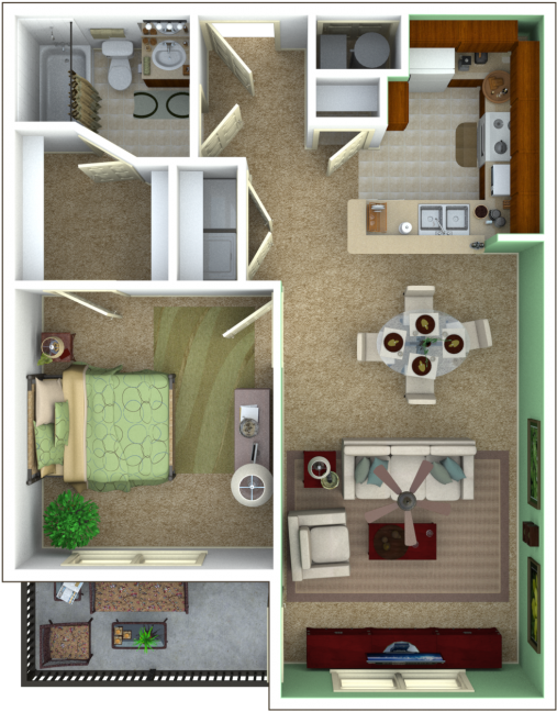 One Bedroom Apartment Layout3 D PNG with transparent background