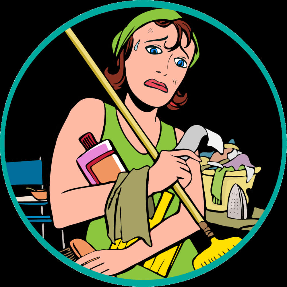 Overwhelmed Cleaning Lady Illustration PNG with transparent background