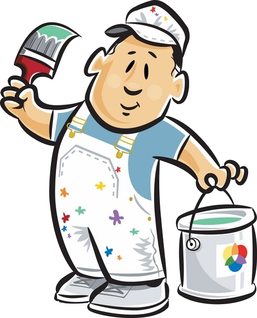 Painter Cartoon Character Holding Brushand Paint Bucket