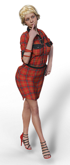 Pensive Womanin Red Plaid Dress