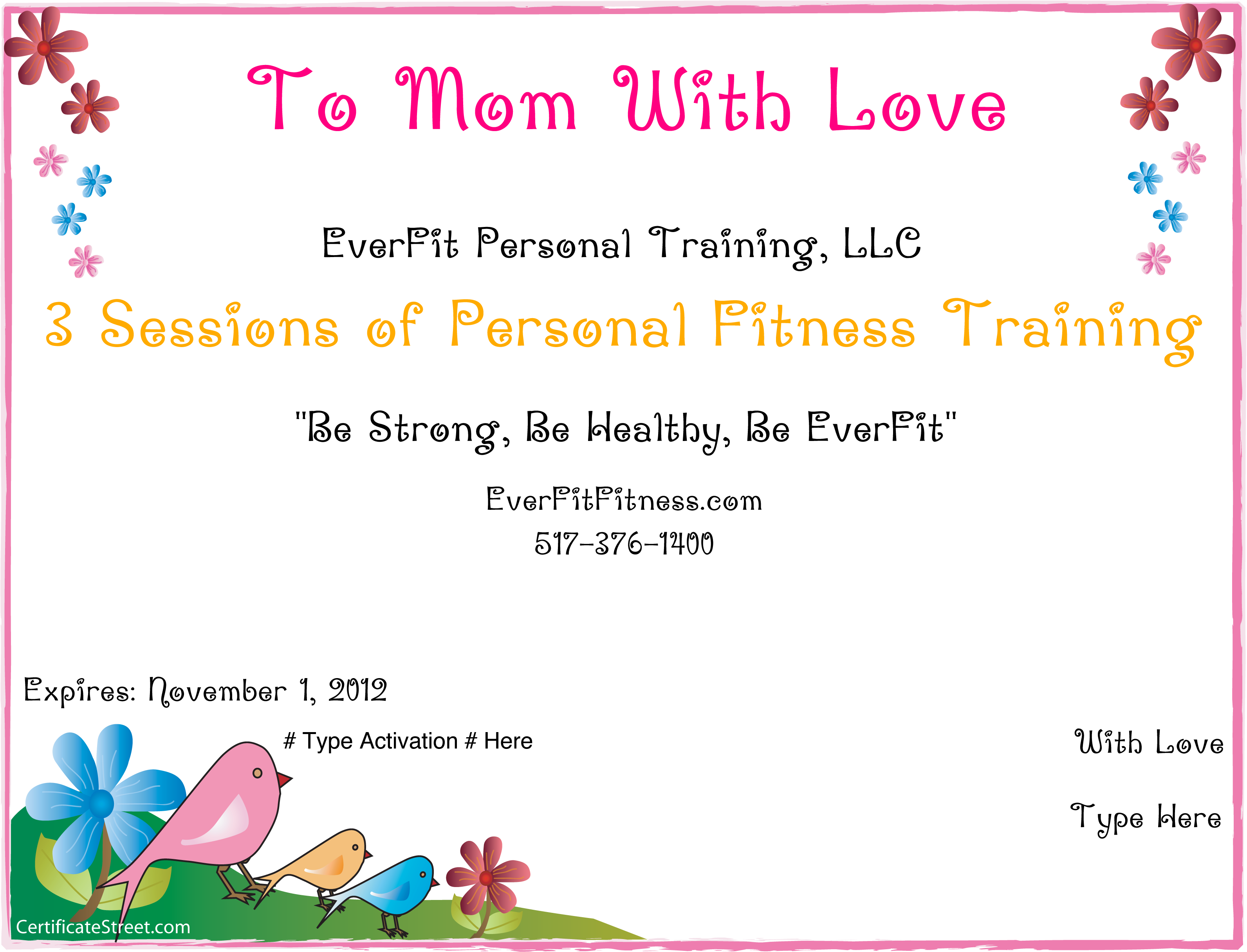 Personal Fitness Training Gift Certificatefor Mom