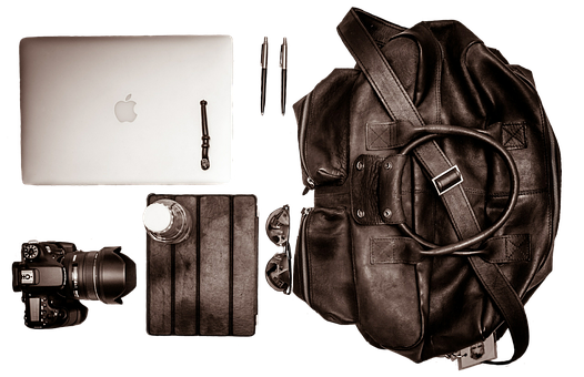 Photographer Travel Essentials Sepia Tone PNG with transparent background