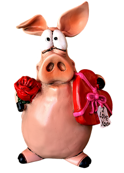 Pig Figurine With Roseand Gift Bag PNG with transparent background