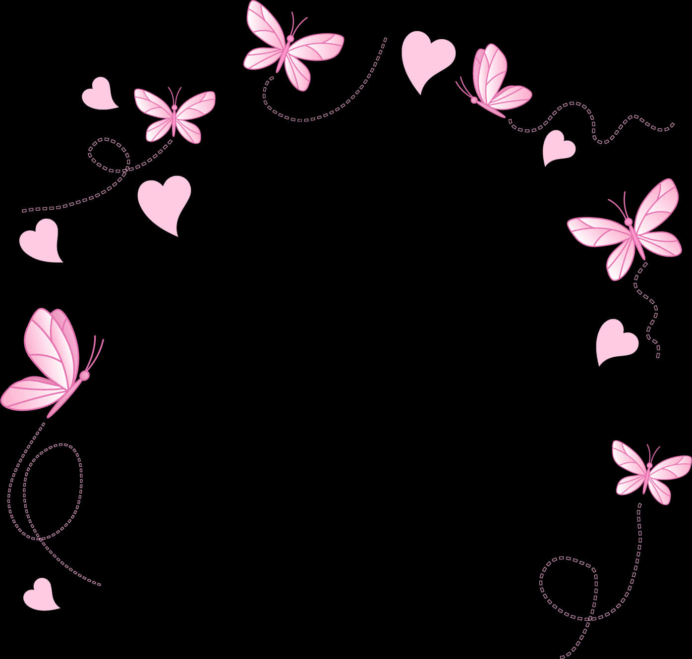 Pink Butterfliesand Hearts Black Background