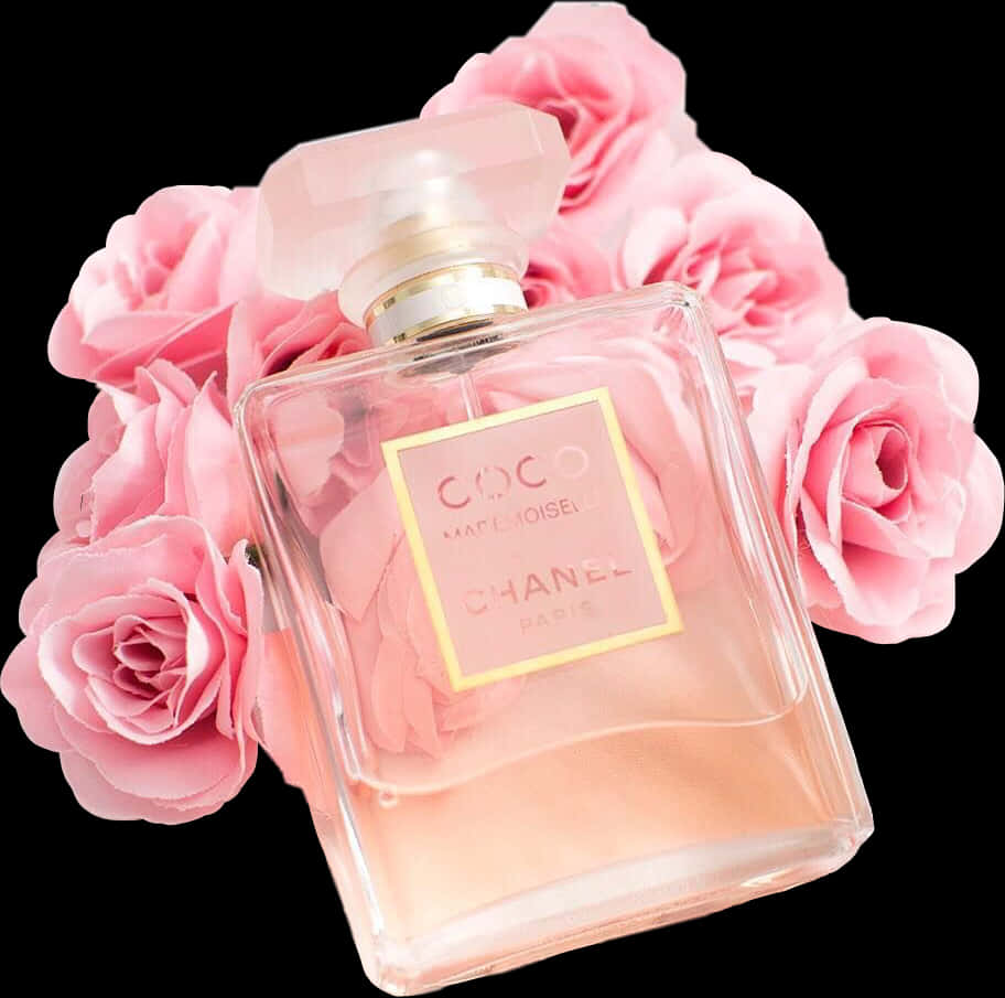 Pink Chanel Perfume Bottlewith Roses