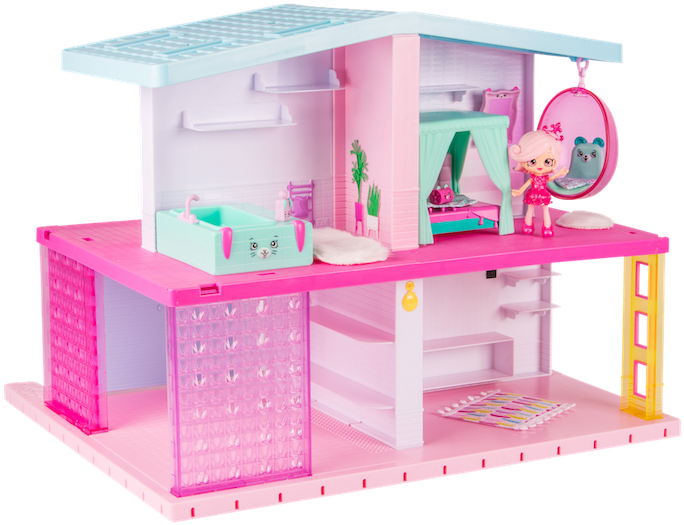 Pink Dollhousewith Figuresand Furniture PNG with transparent background