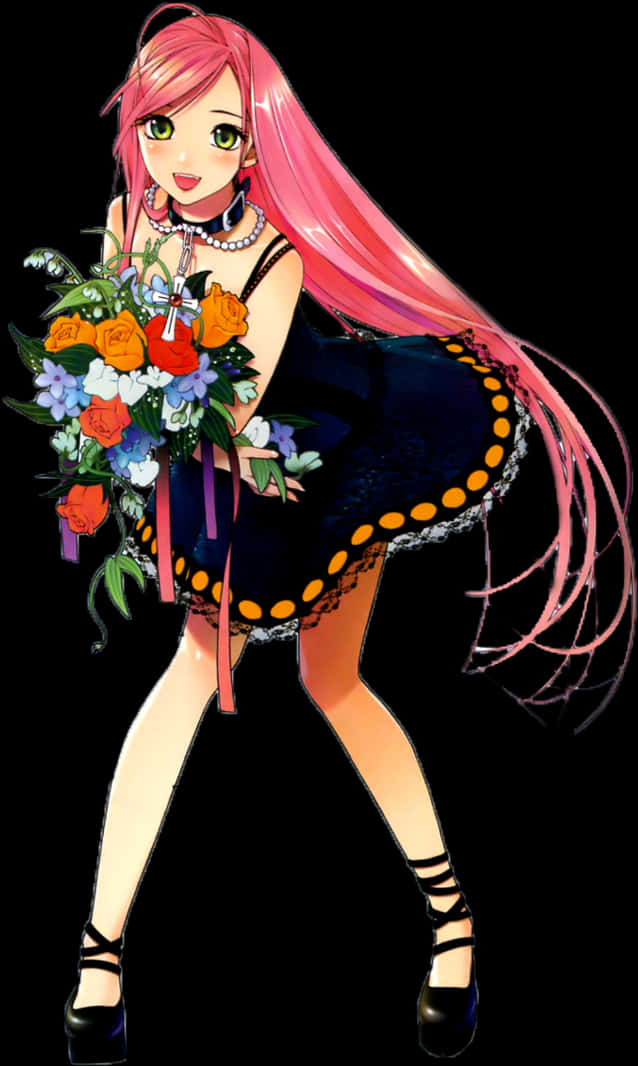 Pink Haired Anime Girlwith Flowers