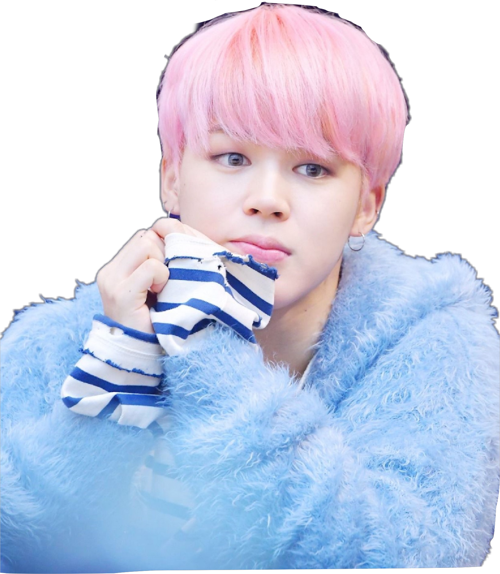 Pink Haired Person Blue Fluffy Coat