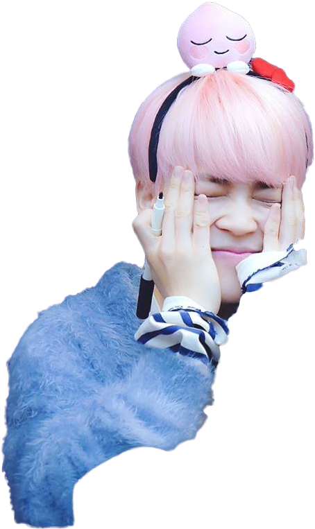 Pink Haired Person Smiling With Plush On Head PNG with transparent background