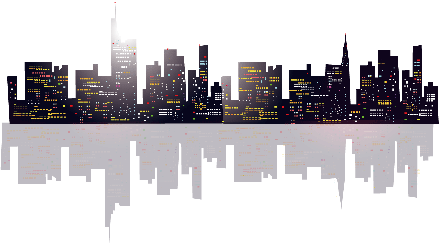 Pixelated City Skyline Reflection PNG image with a transparent background, free high-resolution download