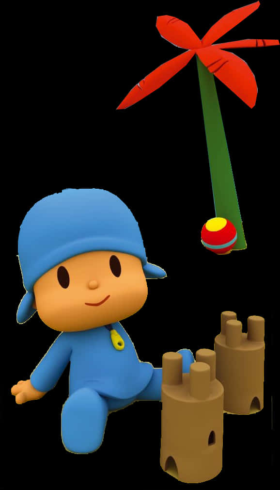 Pocoyo Playing With Sandcastleand Pinwheel PNG with transparent background