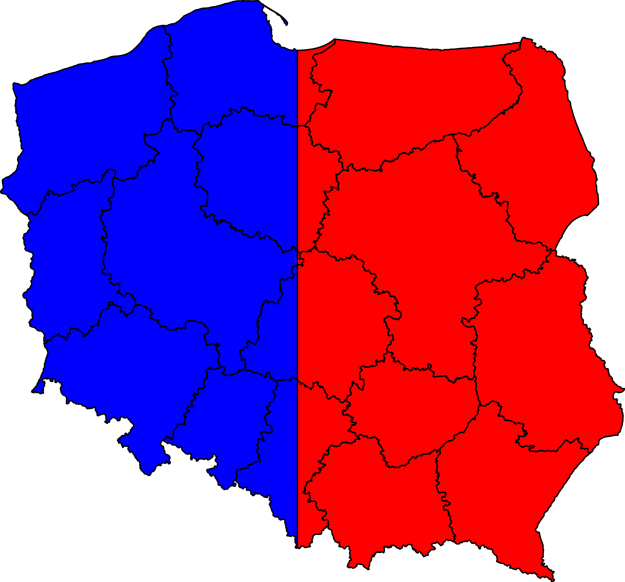 Poland Divided Map Color Coded