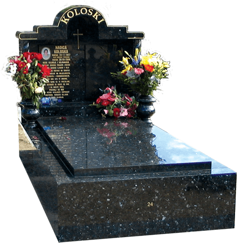 Polished Granite Grave Markerwith Flowers PNG with transparent background