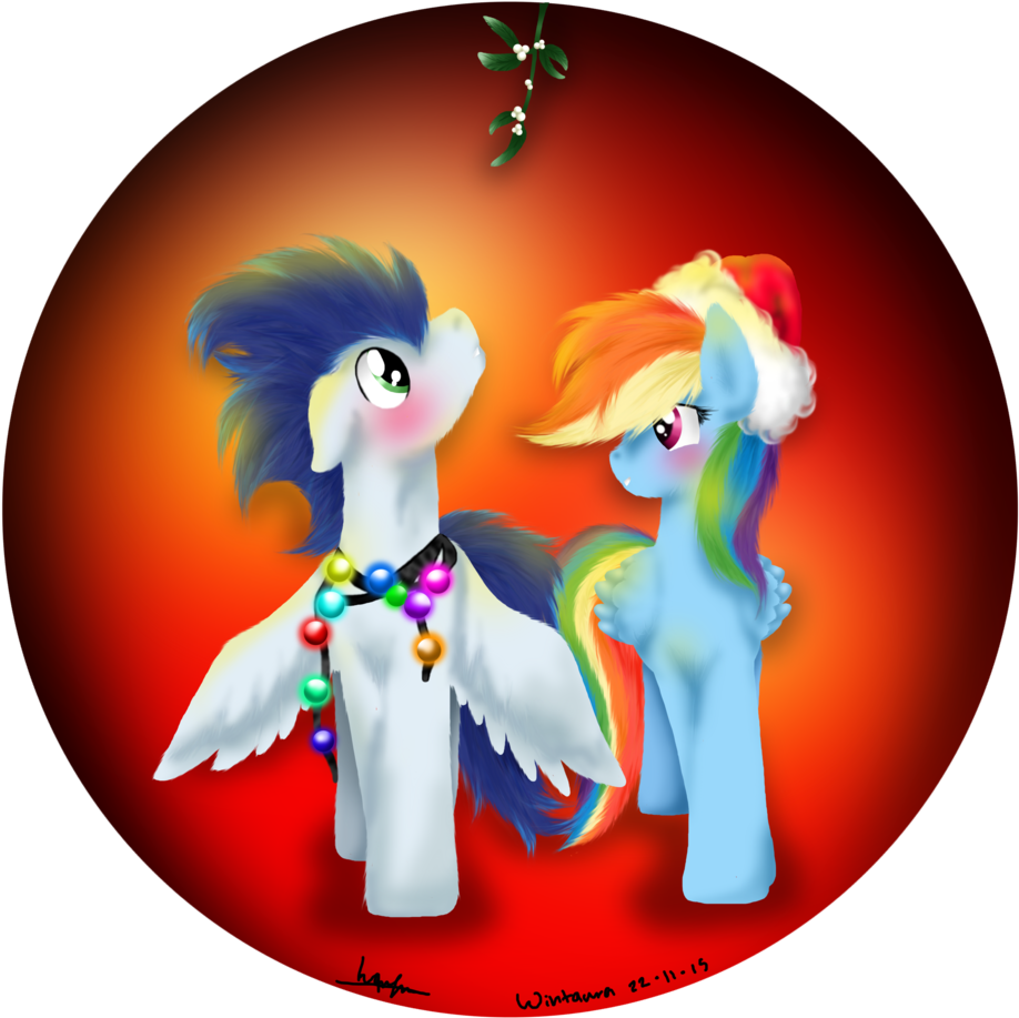 Wintaura, Bauble, Christmas, Cute, Female, Male, Mistletoe, - Mlp Rainbow Dash And Soarin Kiss Mistletoe PNG with transparent background