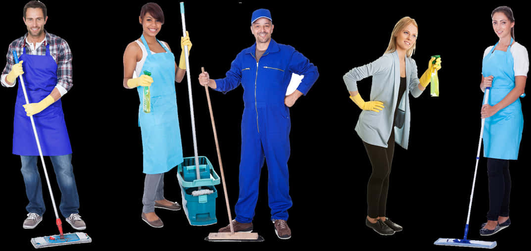 Professional Cleaning Team Posing PNG with transparent background