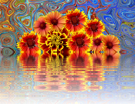 Psychedelic Summer Flowers Reflection PNG with transparent background