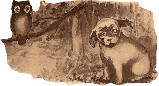 Puppyand Owl Woodland Sketch PNG with transparent background