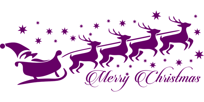 Purple Santa Sleigh Reindeer Christmas Greeting PNG with transparent background