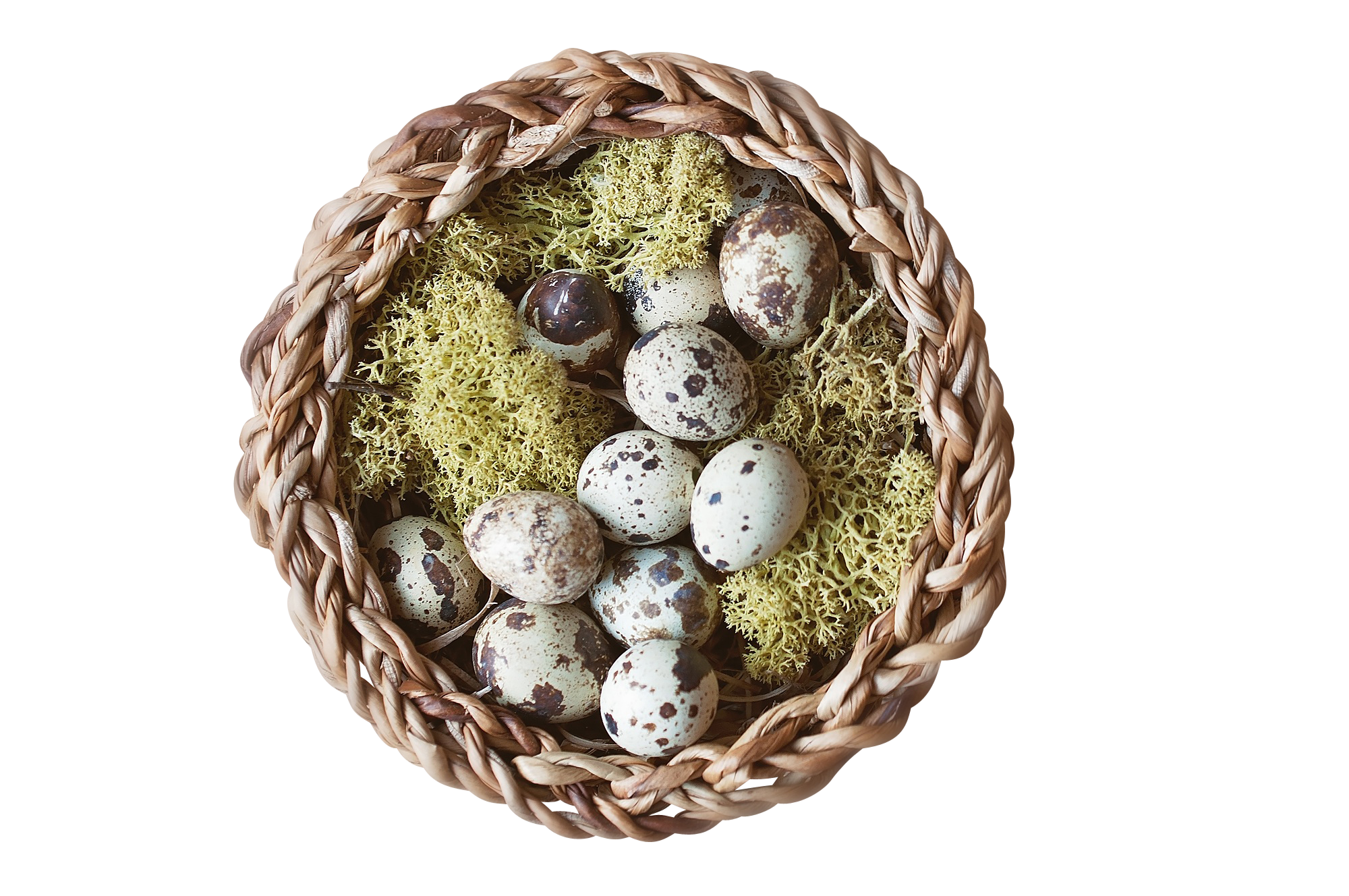Quail Eggsin Wicker Basket PNG with transparent background