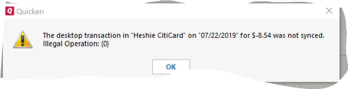 Quicken Error Message Sync Failure