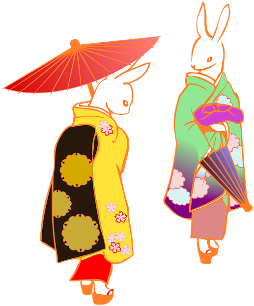 Rabbit Couplein Traditional Kimonos PNG with transparent background