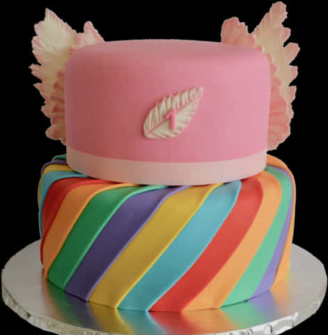 Rainbow Striped Fondant Cakewith Pink Topper PNG with transparent background