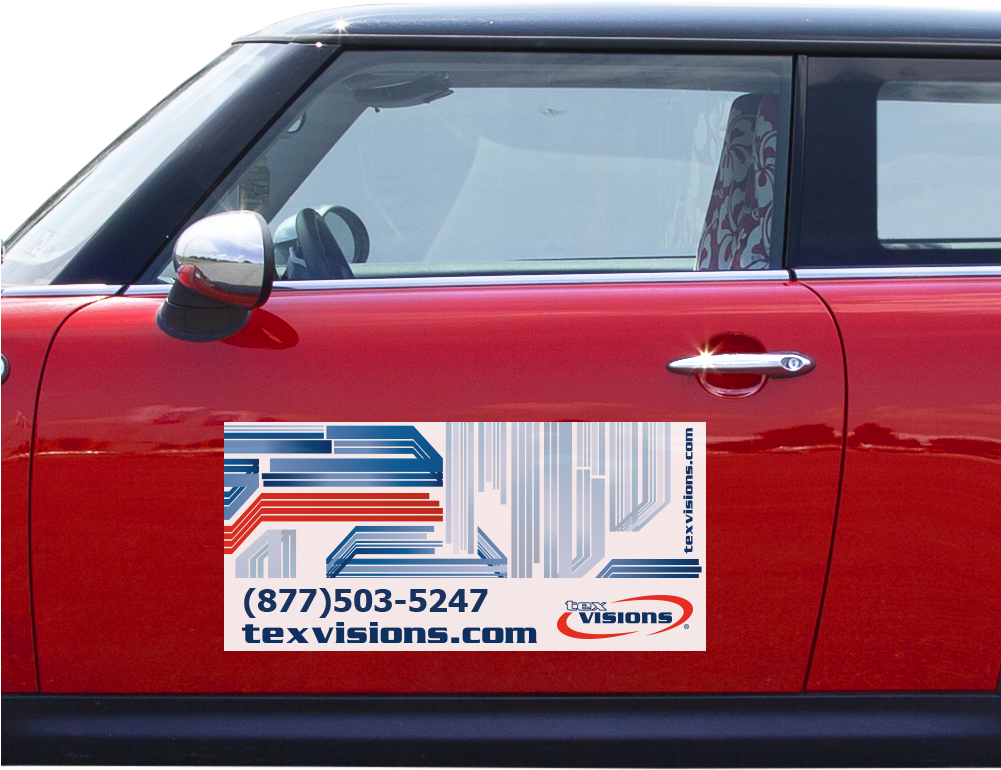 Red Car Side Viewwith Advertisement Magnet PNG with transparent background