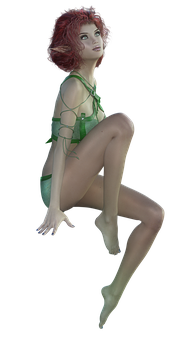 Red Haired Elf Sitting Pose PNG with transparent background