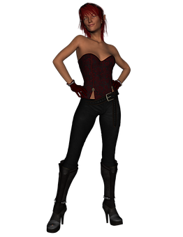 Red Haired Elfin Black Outfit PNG with transparent background