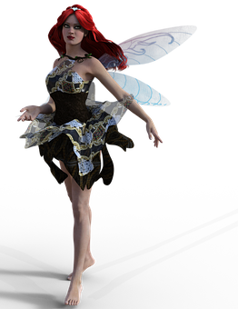 Red Haired Fairywith Blue Wings PNG with transparent background