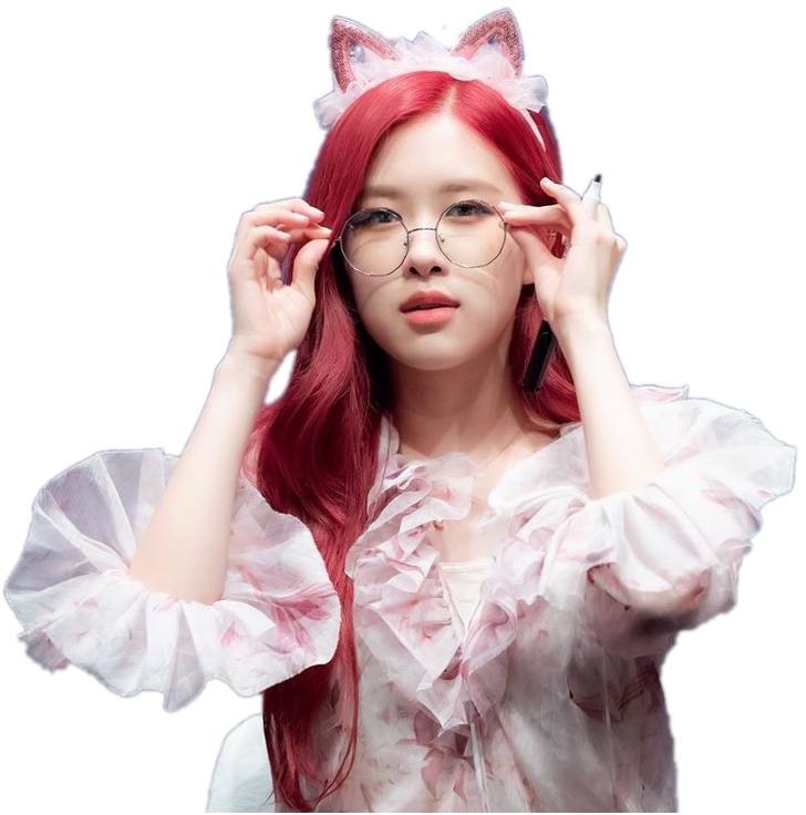 Red Haired Female Kpop Star With Cat Earsand Glasses