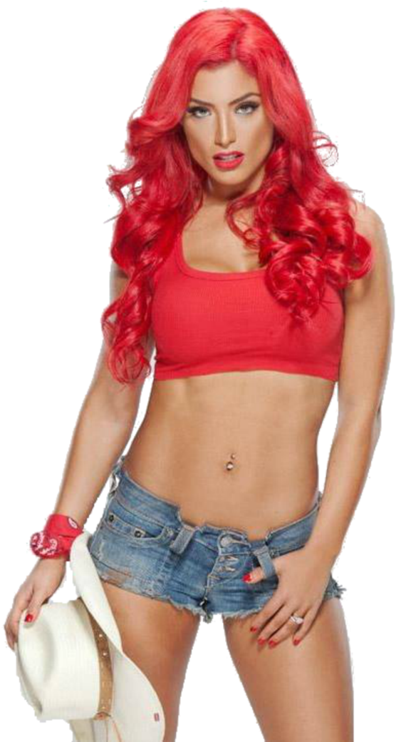 Red Haired_ Woman_in_ Red_ Top_and_ Denim_ Shorts