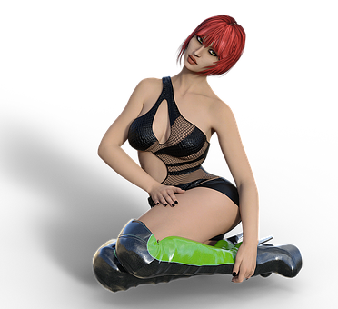 Red Haired3 D Modelin Black Outfit