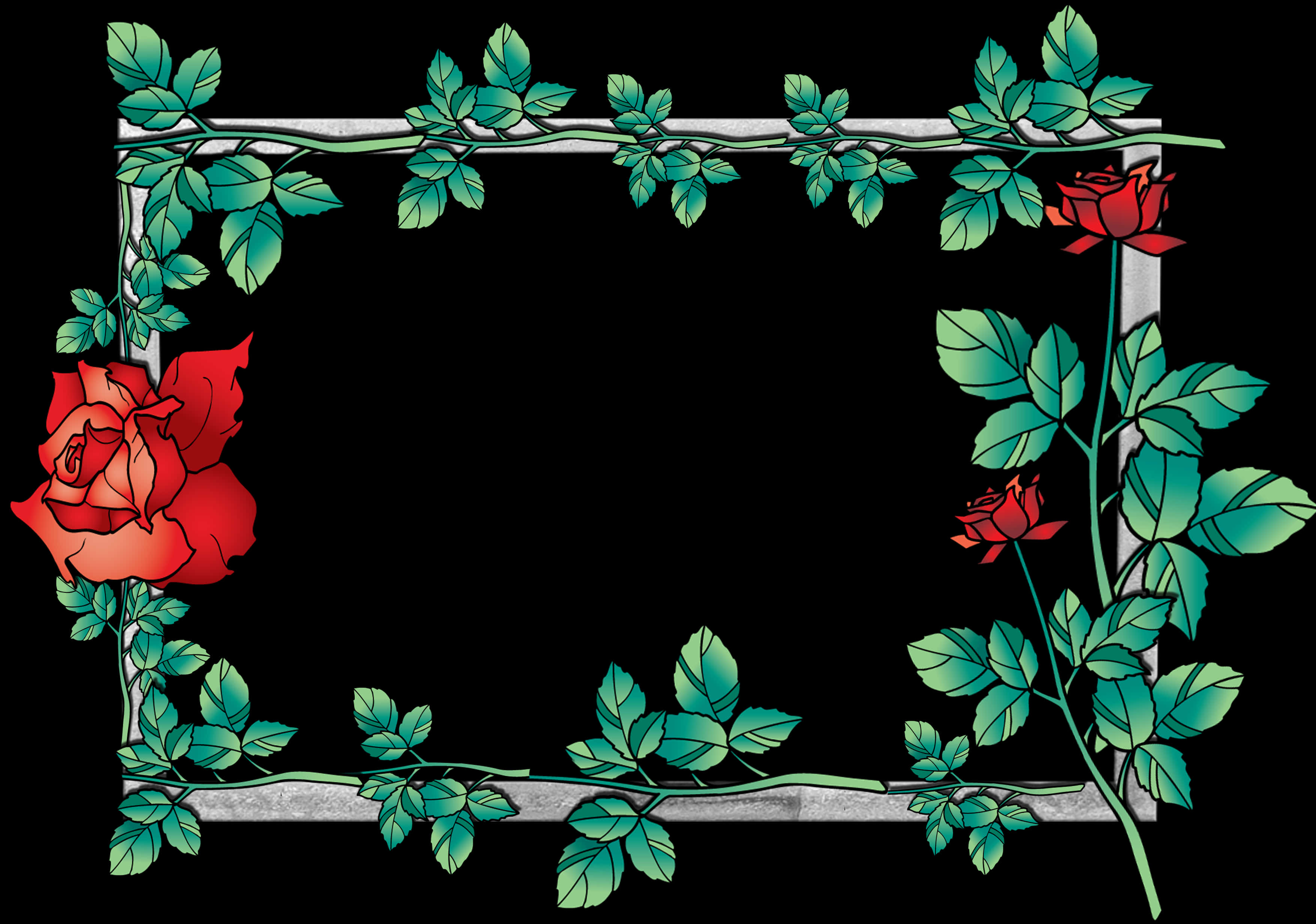 Red Roses Green Leaves Floral Border