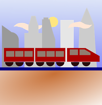 Red Train Cityscape Illustration PNG with transparent background
