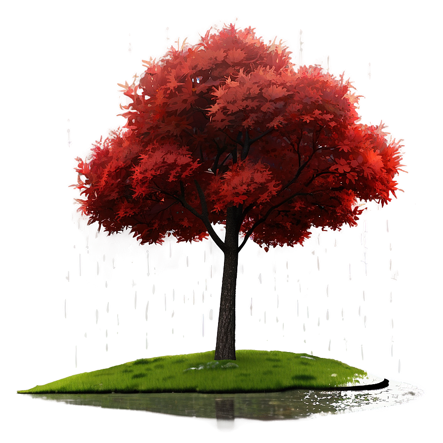 Red Tree In Rainy Scene Png Fve86