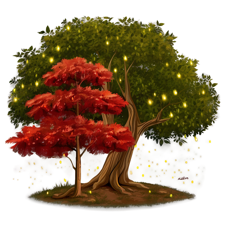 Red Tree With Fireflies Png 06252024