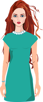 Redhead Womanin Teal Dress PNG with transparent background