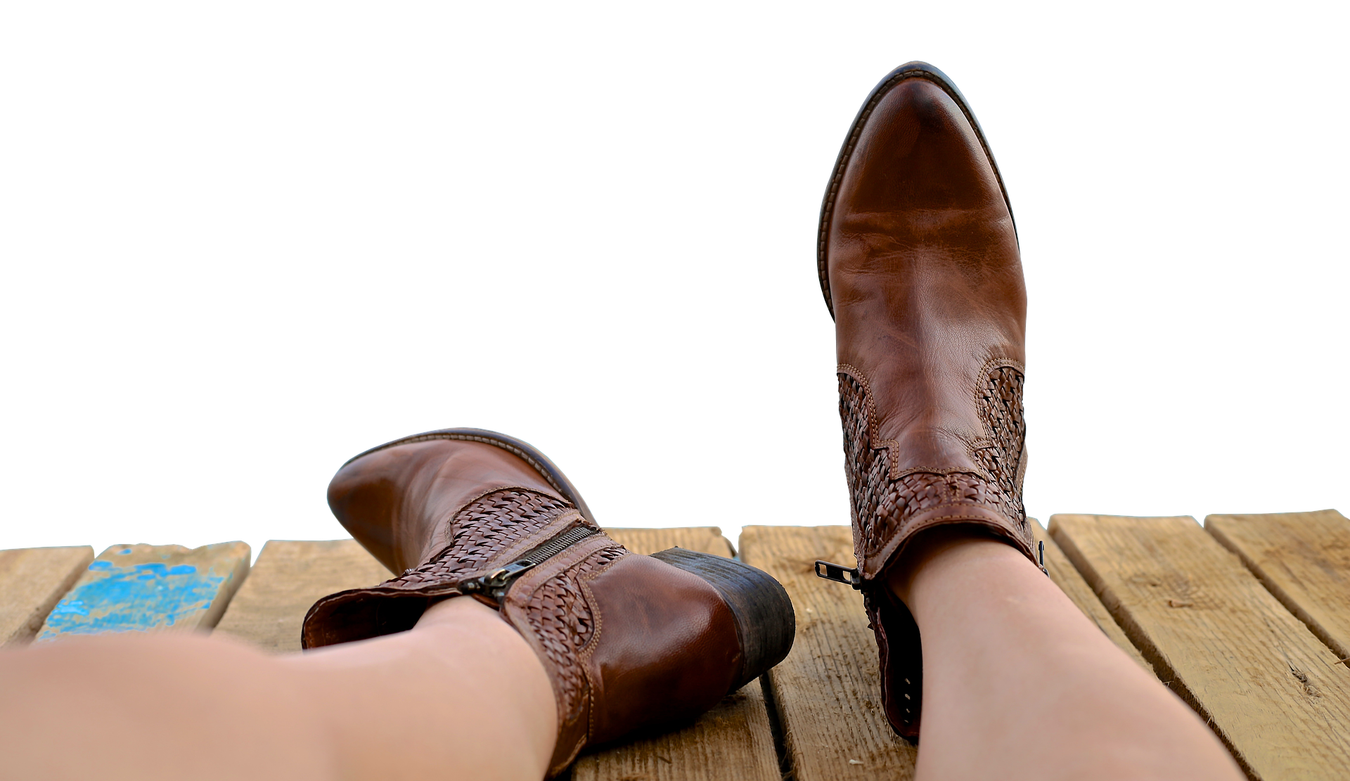 Relaxed Leather Boots Wooden Dock PNG with transparent background