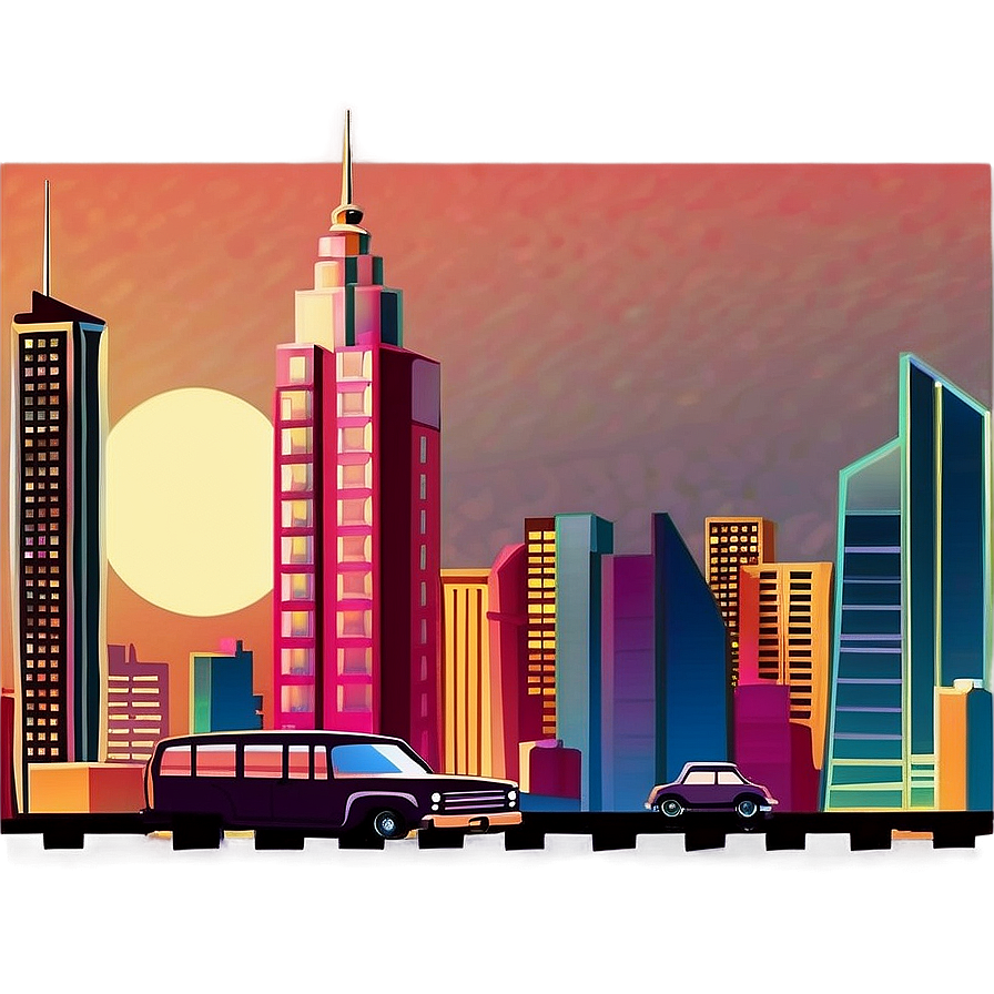 Retro Cityscape At Sunset Png 1