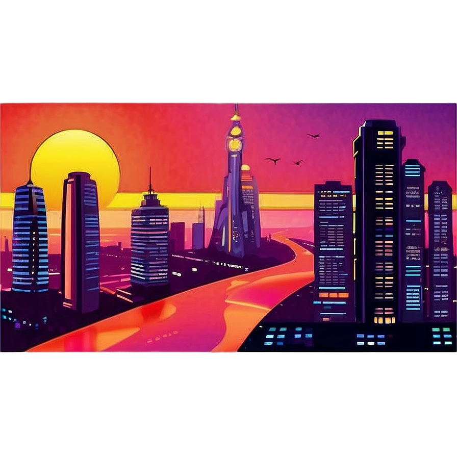 Retro Futuristic Sunset City Png Hkl49