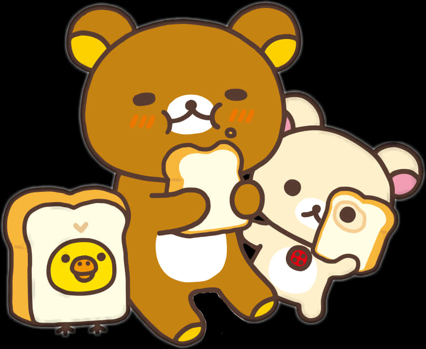 Rilakkumaand Korilakkuma Eating Bread PNG with transparent background