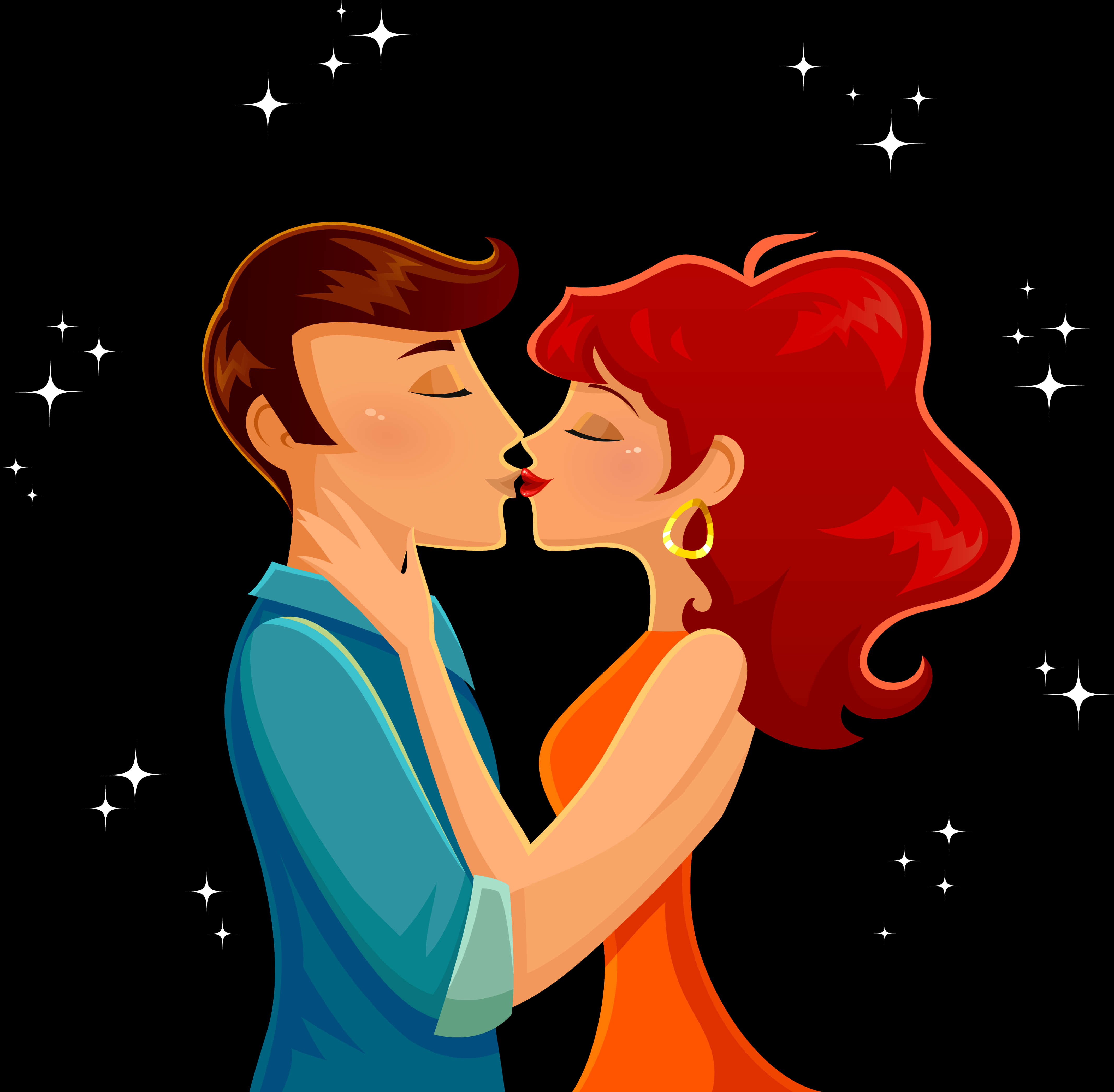 Romantic Cartoon Couple Kissing Stars Background