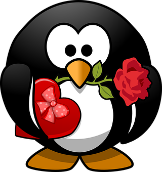 Romantic Penguin Holding Heartand Rose