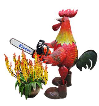 Rooster_with_ Chainsaw_and_ Flowers PNG with transparent background