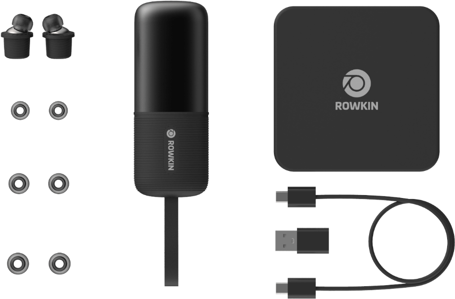 Rowkin Wireless Earbudsand Charging Accessories PNG with transparent background