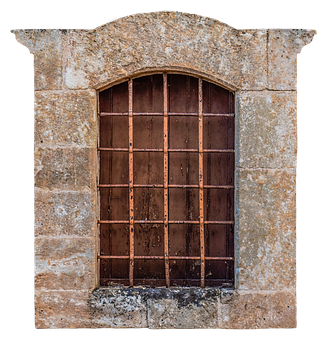 Rustic Arched Stone Windowwith Iron Bars PNG with transparent background