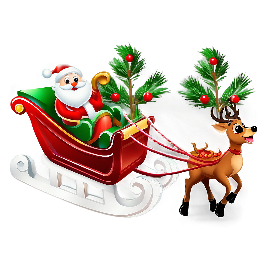 Santa Sleigh And Reindeer With Christmas Tree Png Iey37