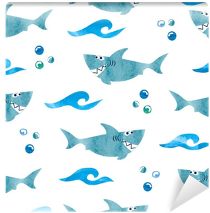 Seamless Pattern With Cartoon Watercolor Sharks - Cartoon Shark Background PNG with transparent background