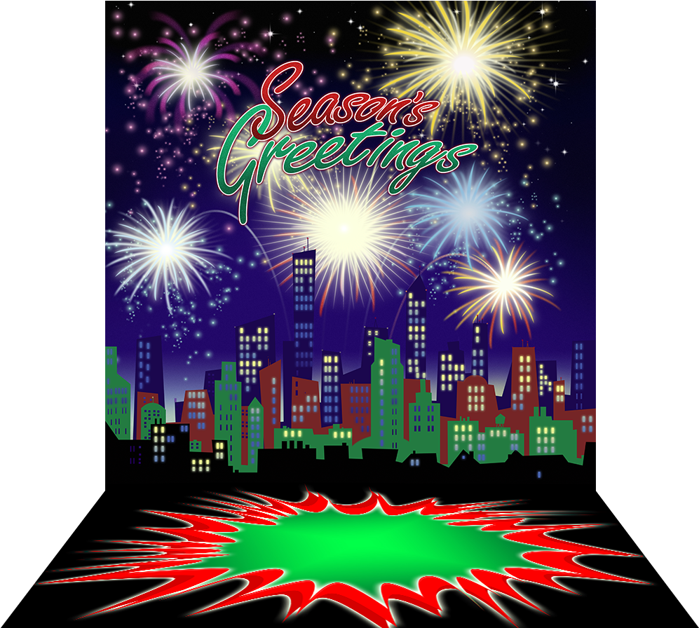 Seasons Greetings Fireworks Cityscape